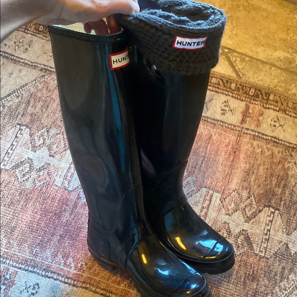 Hunter Black Tall Rain Boots with Knit Interts